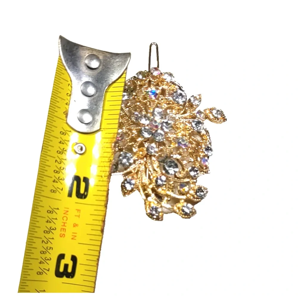 Gold Ice Hair Barrette Gold Tone Icey Blue Rhinestone Hair Barrette